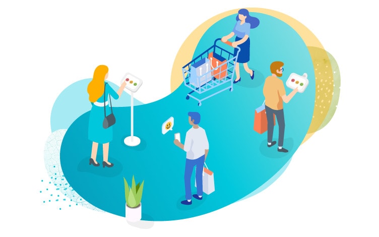 illustration presenting customers doing shopping and leaving their feedback