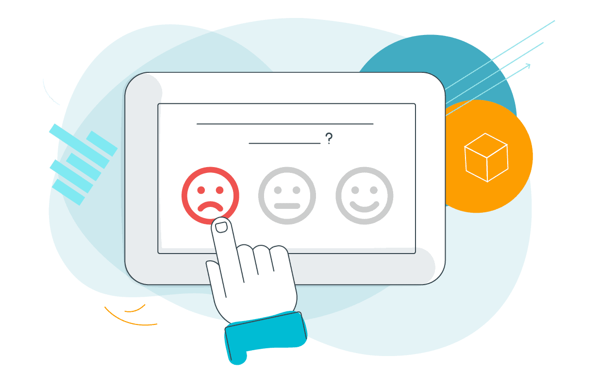 Illustration of a hand pointing at an unhappy face in survey